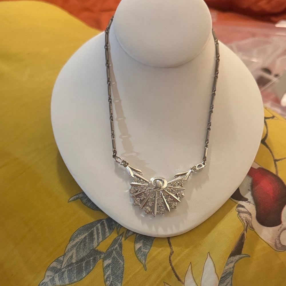 Silver-Tone Fan Pendant Necklace - White Metal Statement Necklace